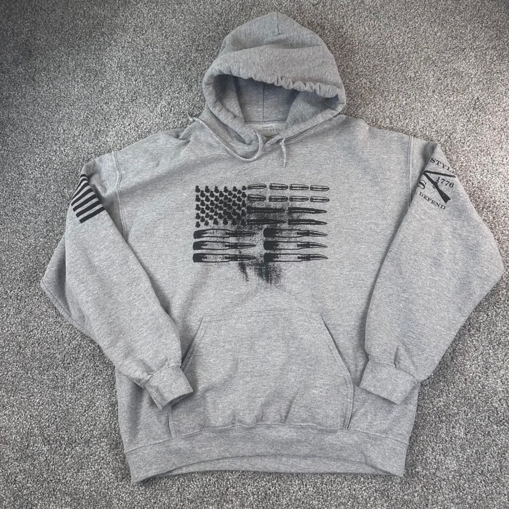 Grunt Style Hoodie Mens Large Gray Bullet Flag Military Pullover Sweatshirt